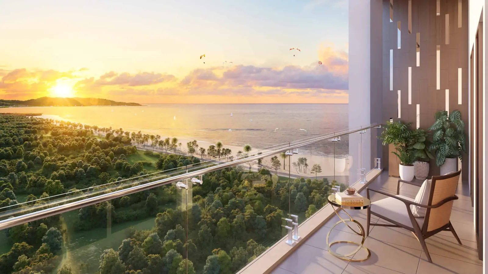 Phối cảnh ban công một căn hộ cao tầng Blanca City lúc hoàng hôn, nhìn ra rừng cây, tuyến đường ven biển và mặt biển