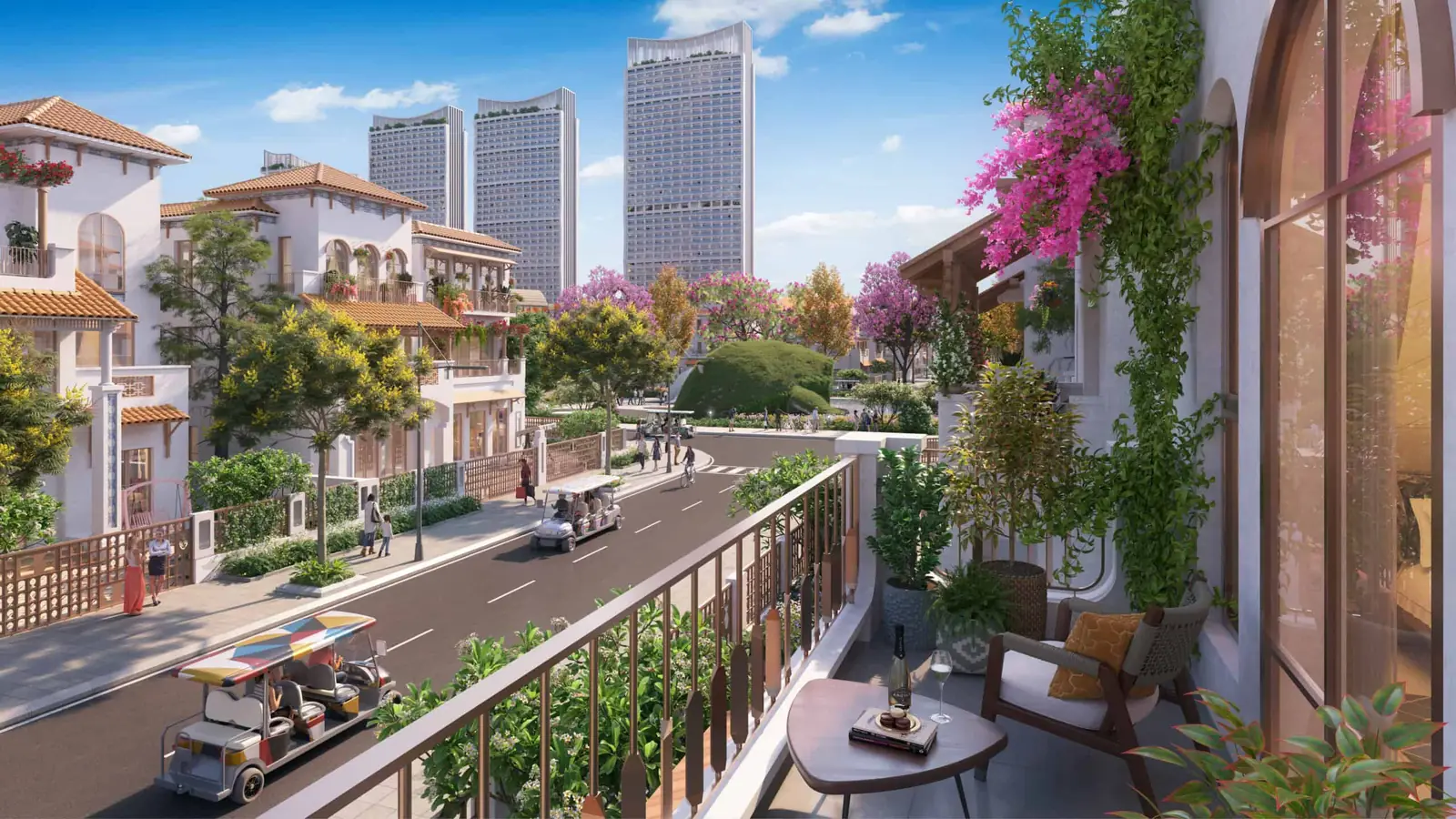 Phối cảnh nhìn từ ban công một căn nhà phố Blanca City xuống tuyến đường nội khu, xe điện và các tòa căn hộ cao tầng phía xa
