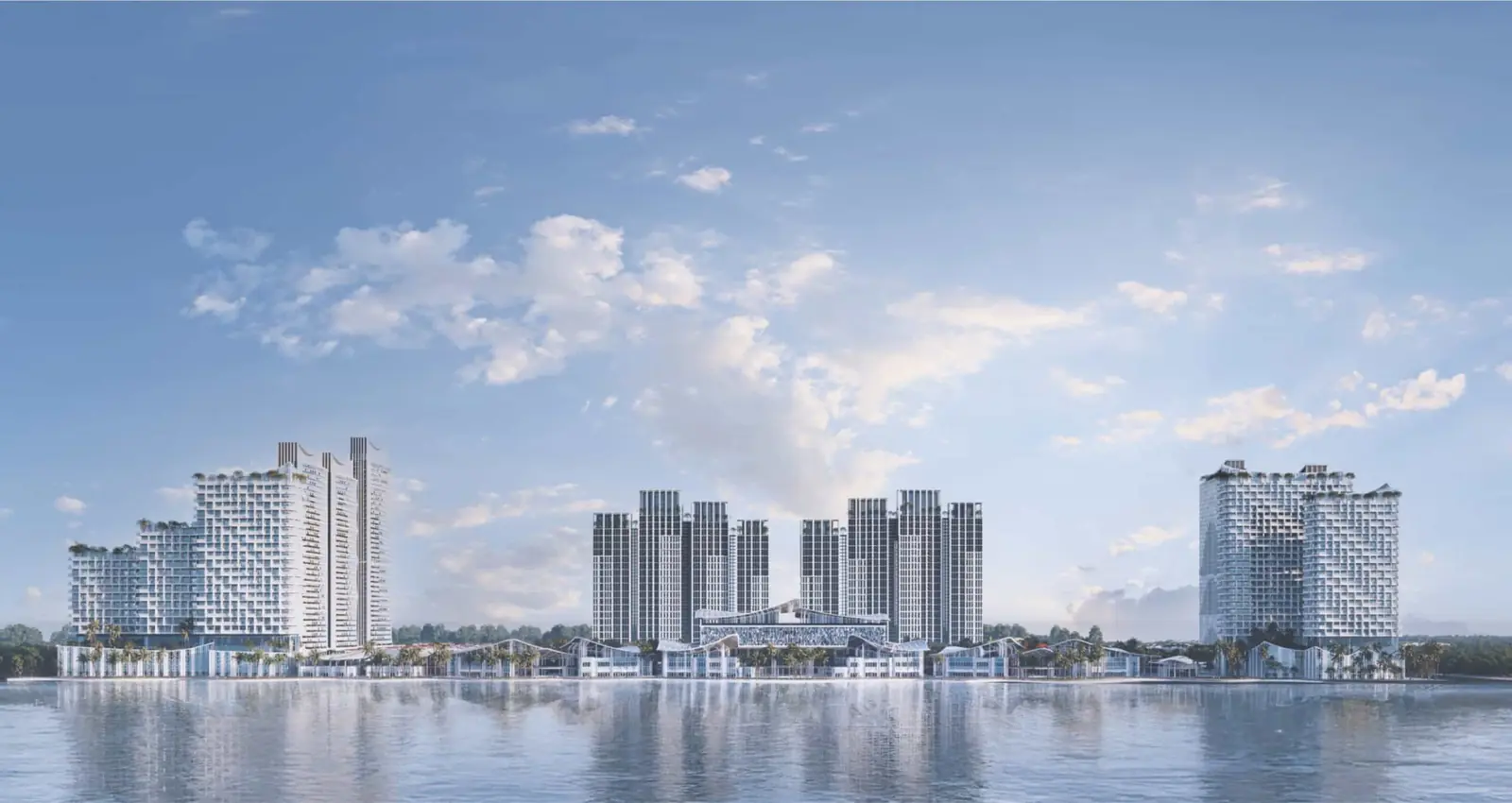 Phối cảnh đường chân trời đại đô thị Blanca City nhìn từ mặt biển: các cụm tháp căn hộ và tuyến thương mại mặt biển phản chiếu trên nước