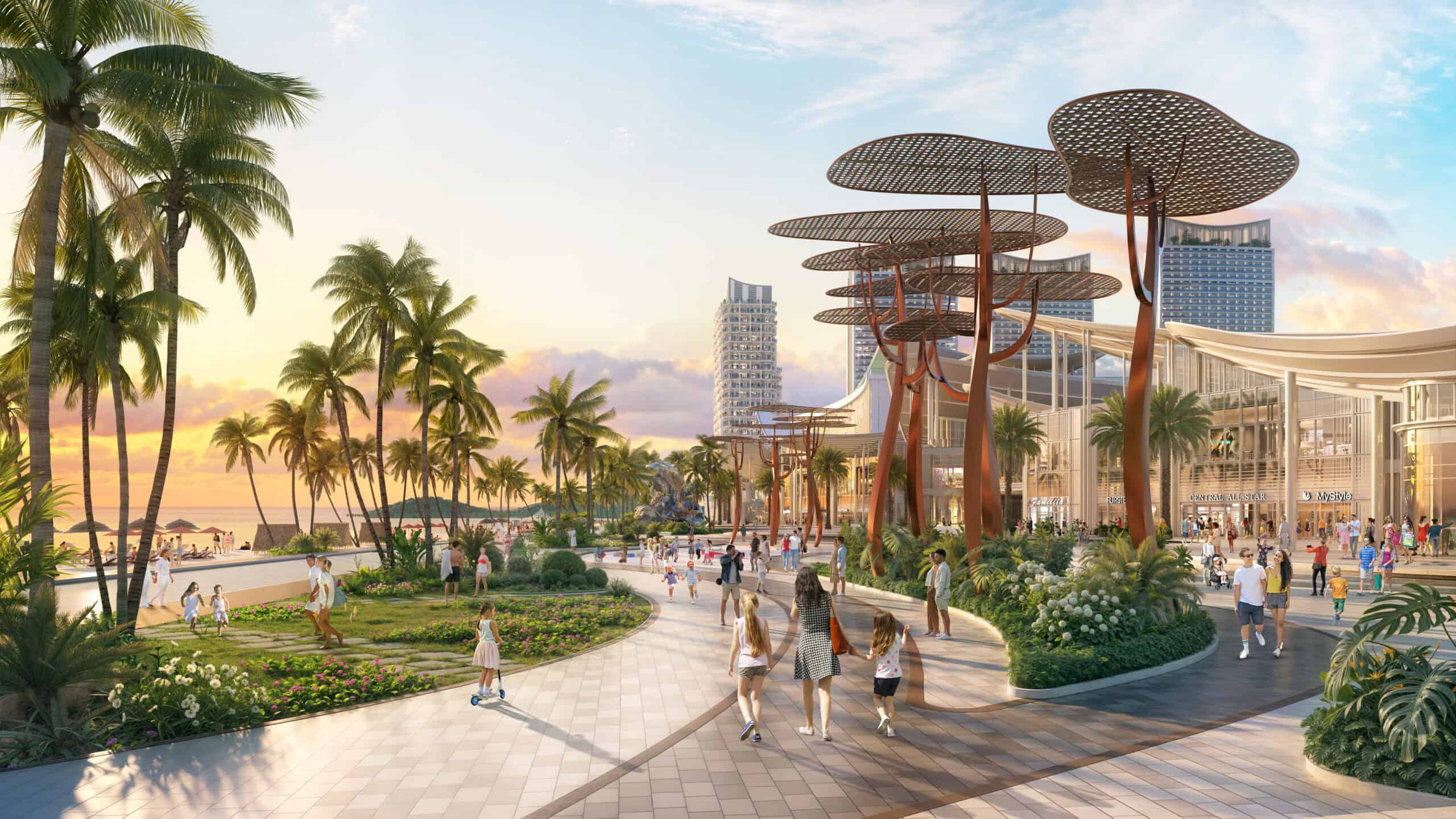 Phối cảnh tuyến đi bộ và công viên ven biển của đại đô thị Blanca City lúc hoàng hôn