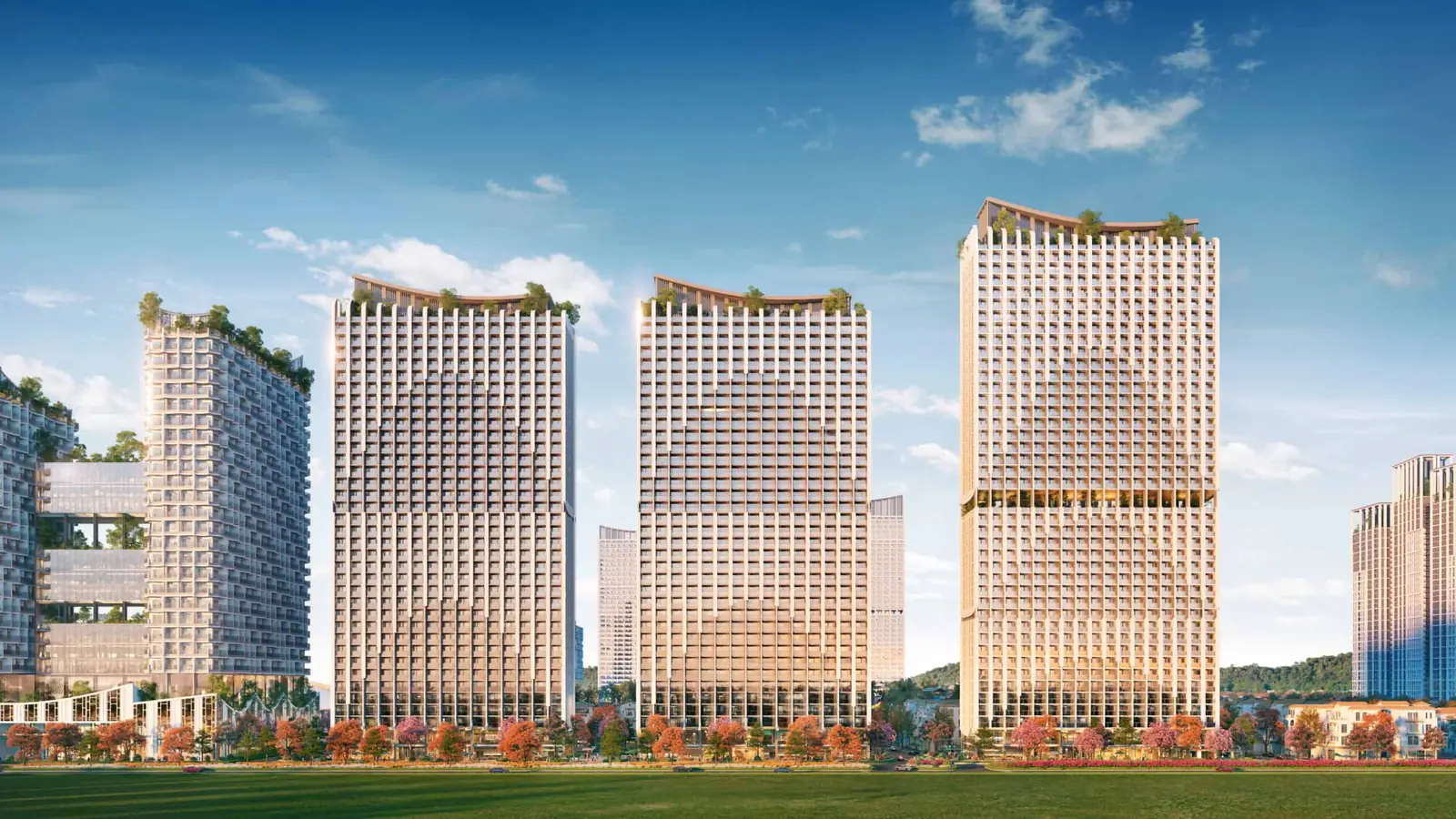 Phối cảnh mặt đứng cụm tháp căn hộ cao tầng Blanca City nhìn trực diện từ thảm cỏ phía trước