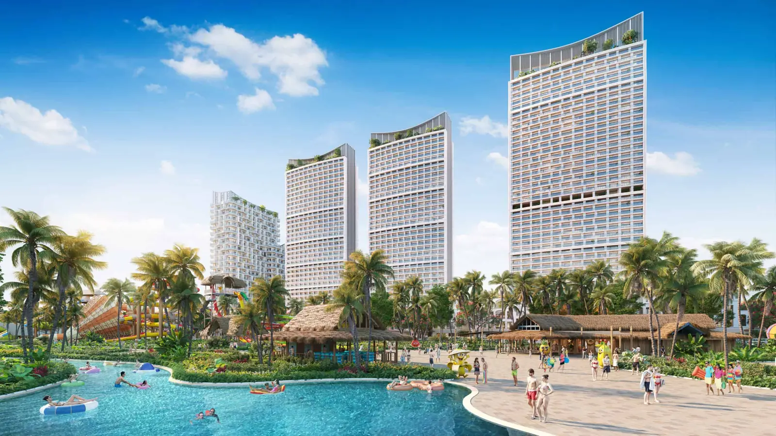 Phối cảnh công viên nước với hồ bơi, cầu trượt và hàng dừa dưới chân khối căn hộ cao tầng Blanca City