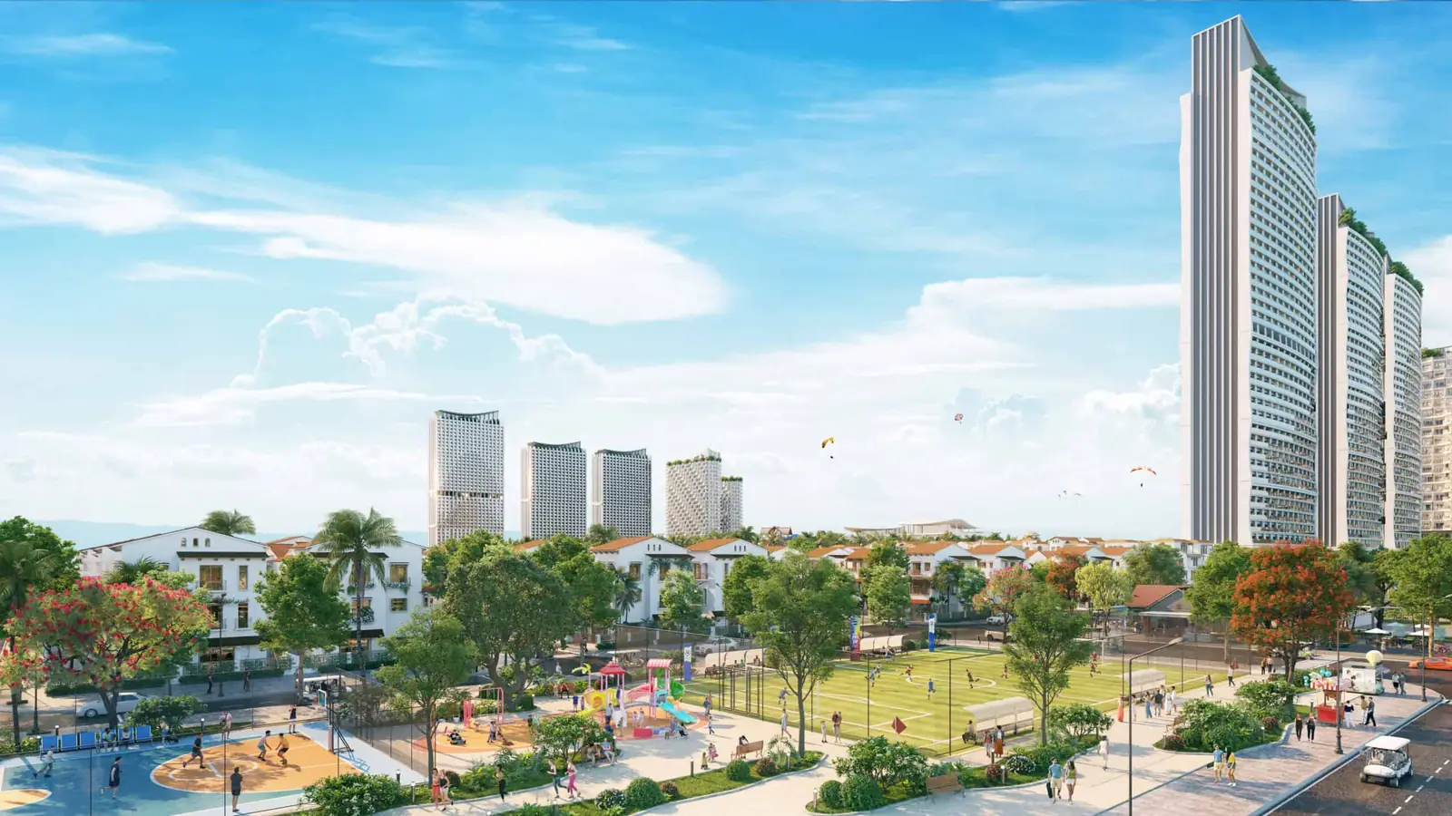 Phối cảnh sân bóng rổ, sân cỏ nhân tạo và sân chơi trong công viên trung tâm Blanca City, phía sau là các tòa căn hộ cao tầng