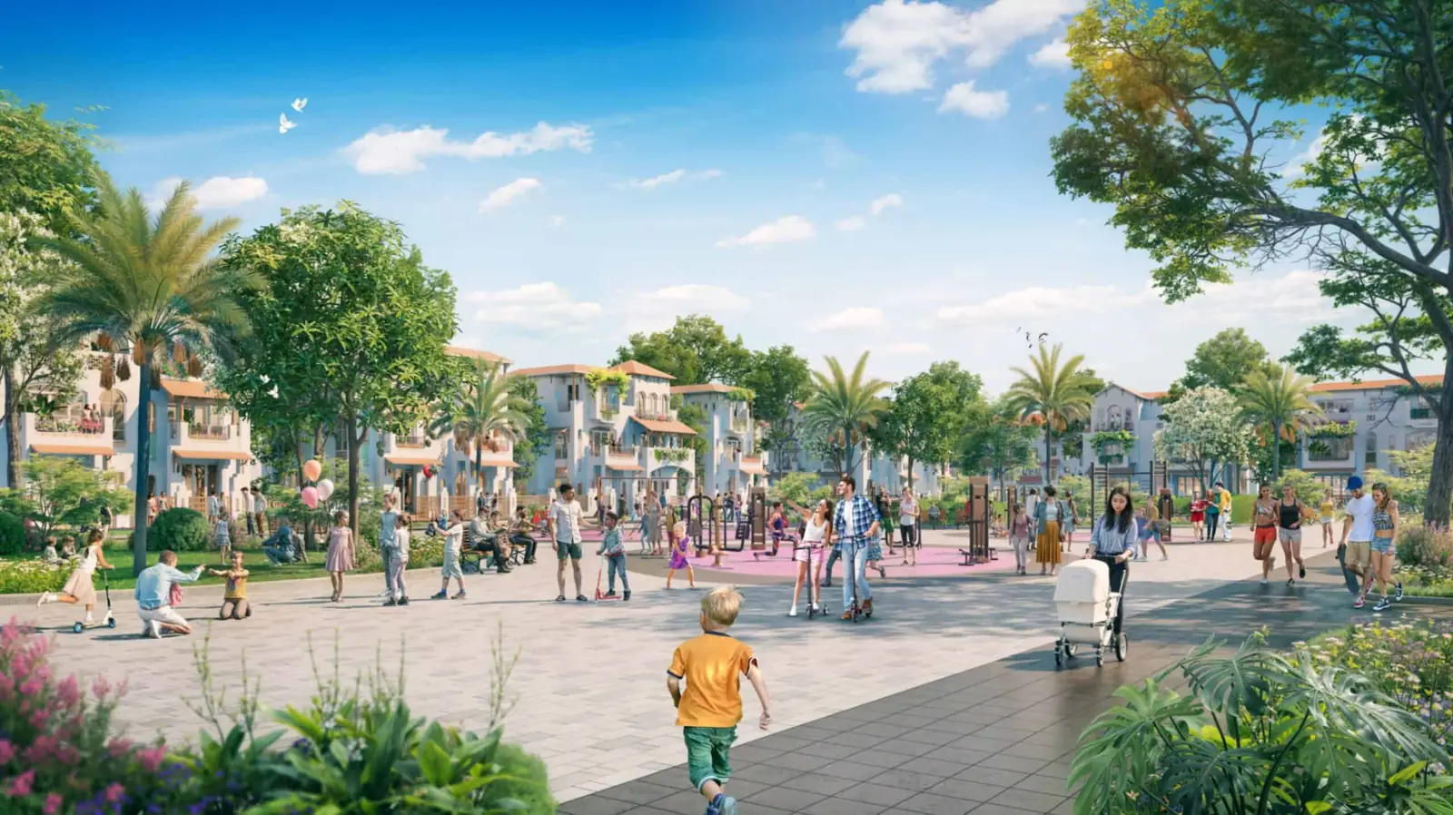 Phối cảnh công viên trung tâm Blanca City với sân chơi trẻ em, khu tập thể dục ngoài trời và dãy nhà thấp tầng mái ngói bao quanh