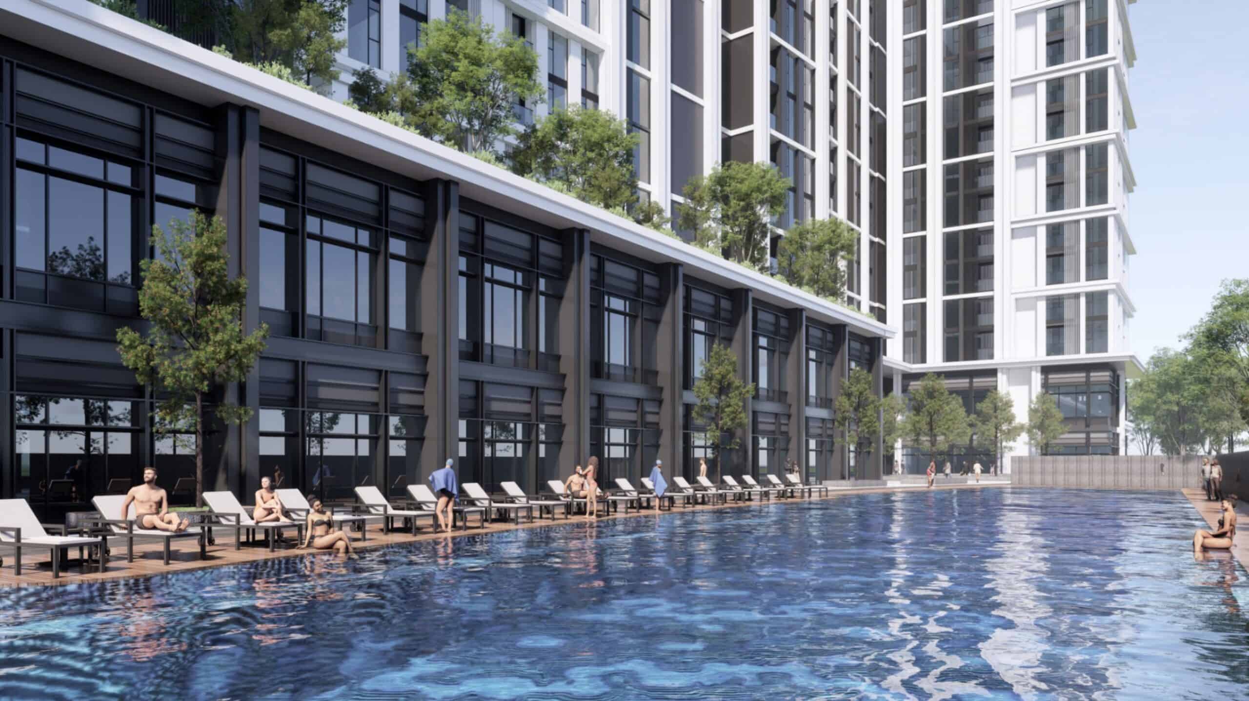 Phối cảnh hồ bơi và khối đế thương mại dưới chân một tòa tháp trong Blanca City