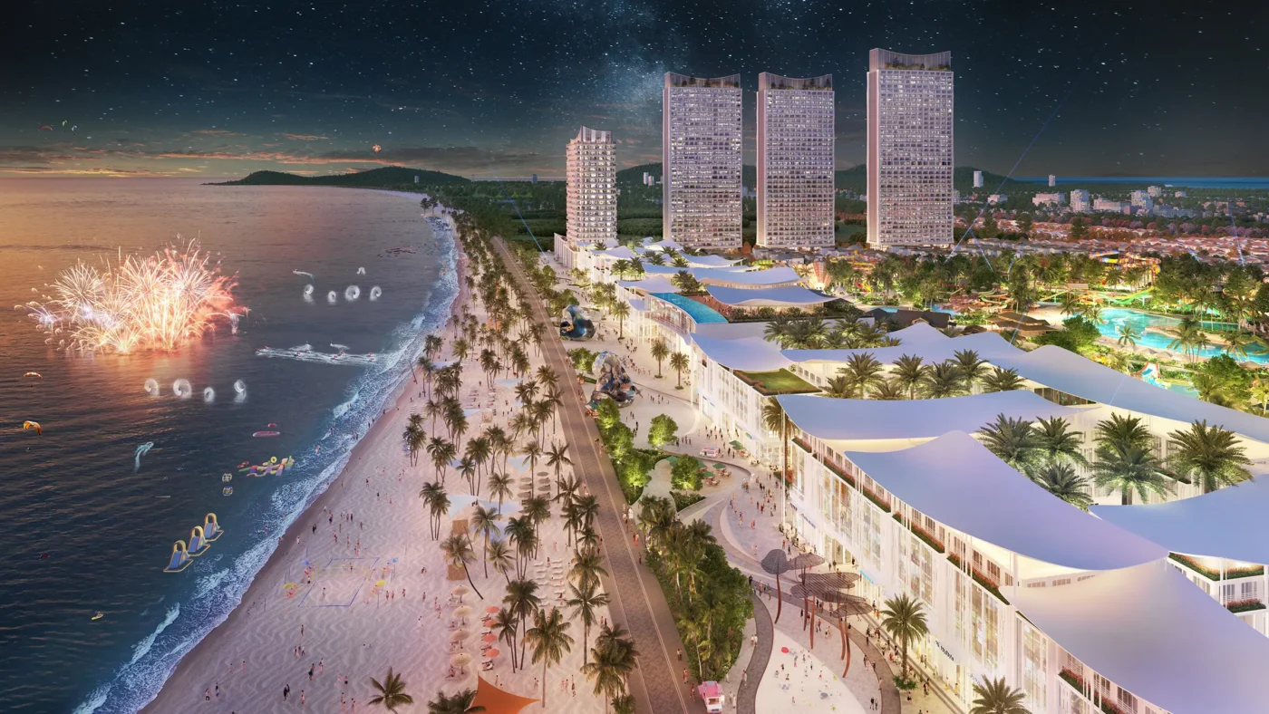 Phối cảnh quảng trường biển và tuyến phố thương mại mặt biển Blanca City về đêm