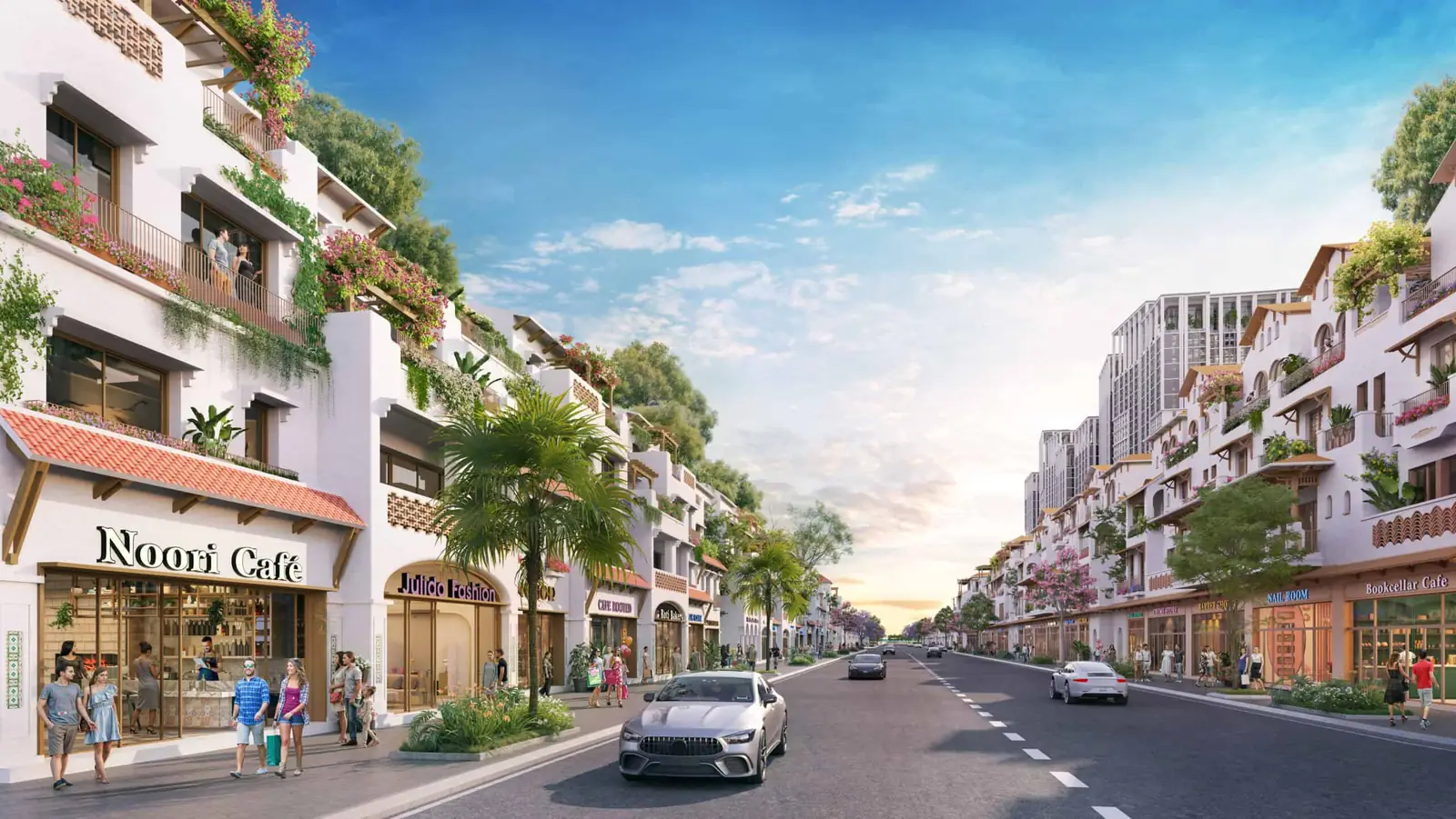 Phối cảnh tuyến phố thương mại thấp tầng Blanca City lúc hoàng hôn với hai dãy cửa hàng, quán cà phê và tháp căn hộ phía xa