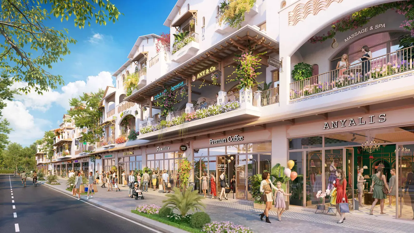 Phối cảnh từ trên cao các dãy nhà phố thấp tầng mái ngói đỏ của Blanca City giữa hàng cây hoa, xa xa là đồi xanh và tháp cao tầng