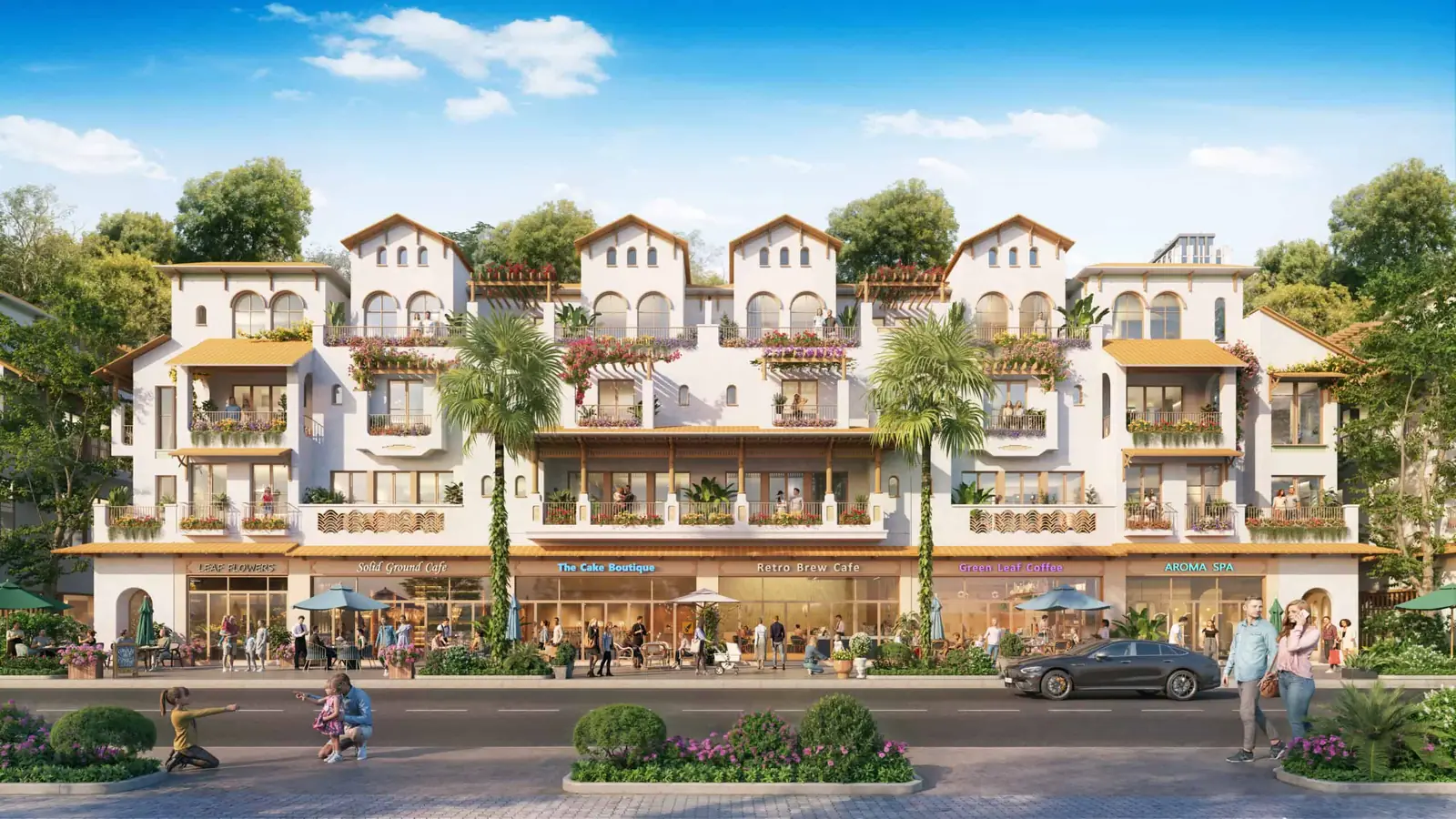Phối cảnh trực diện một dãy nhà phố thương mại Blanca City: tầng trệt là cửa hàng, hai tầng trên là căn hộ có ban công hoa
