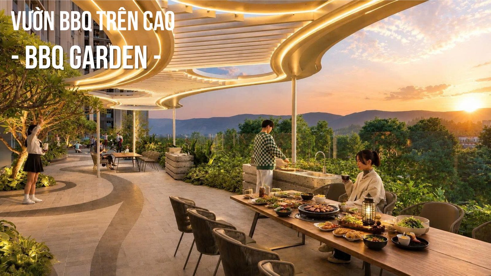 Phối cảnh vườn BBQ trên cao tại Beachtro Tower lúc hoàng hôn