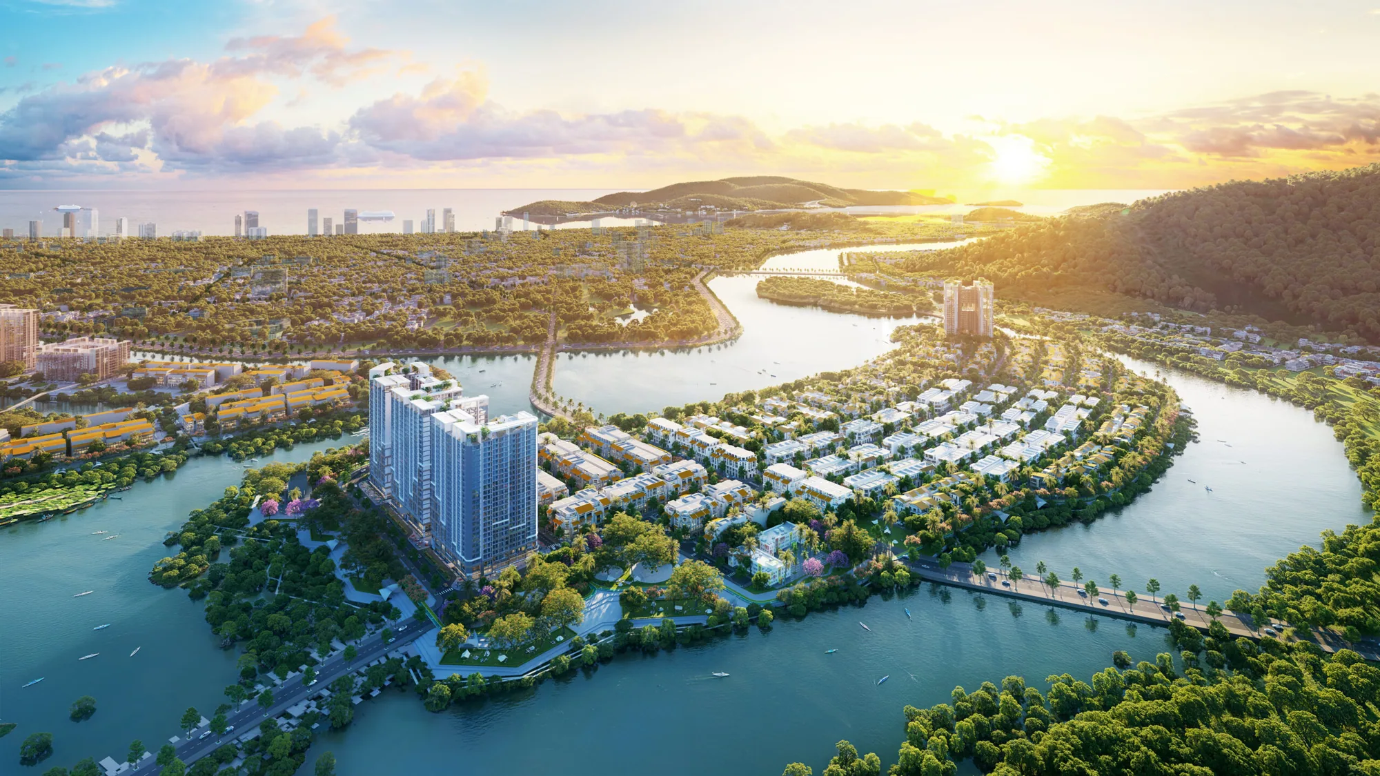 Phối cảnh toàn cảnh Elite Island – đảo Nam Charmora City giữa sông Quán Trường và sông Tắc, Nha Trang