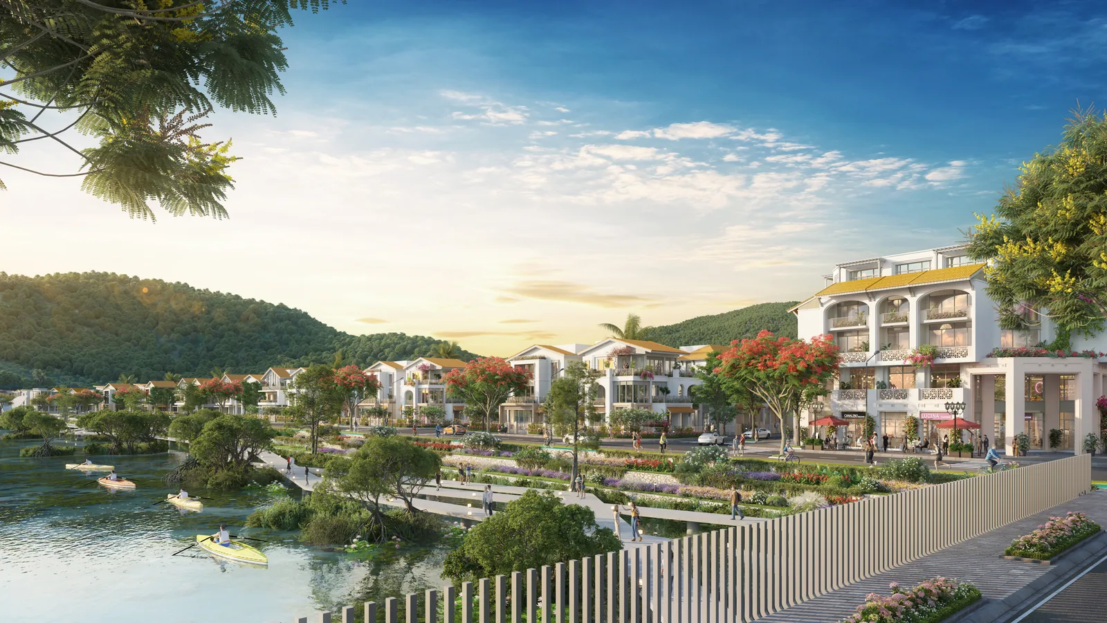 Phối cảnh dãy nhà thấp tầng Elite Island ven sông lúc hoàng hôn