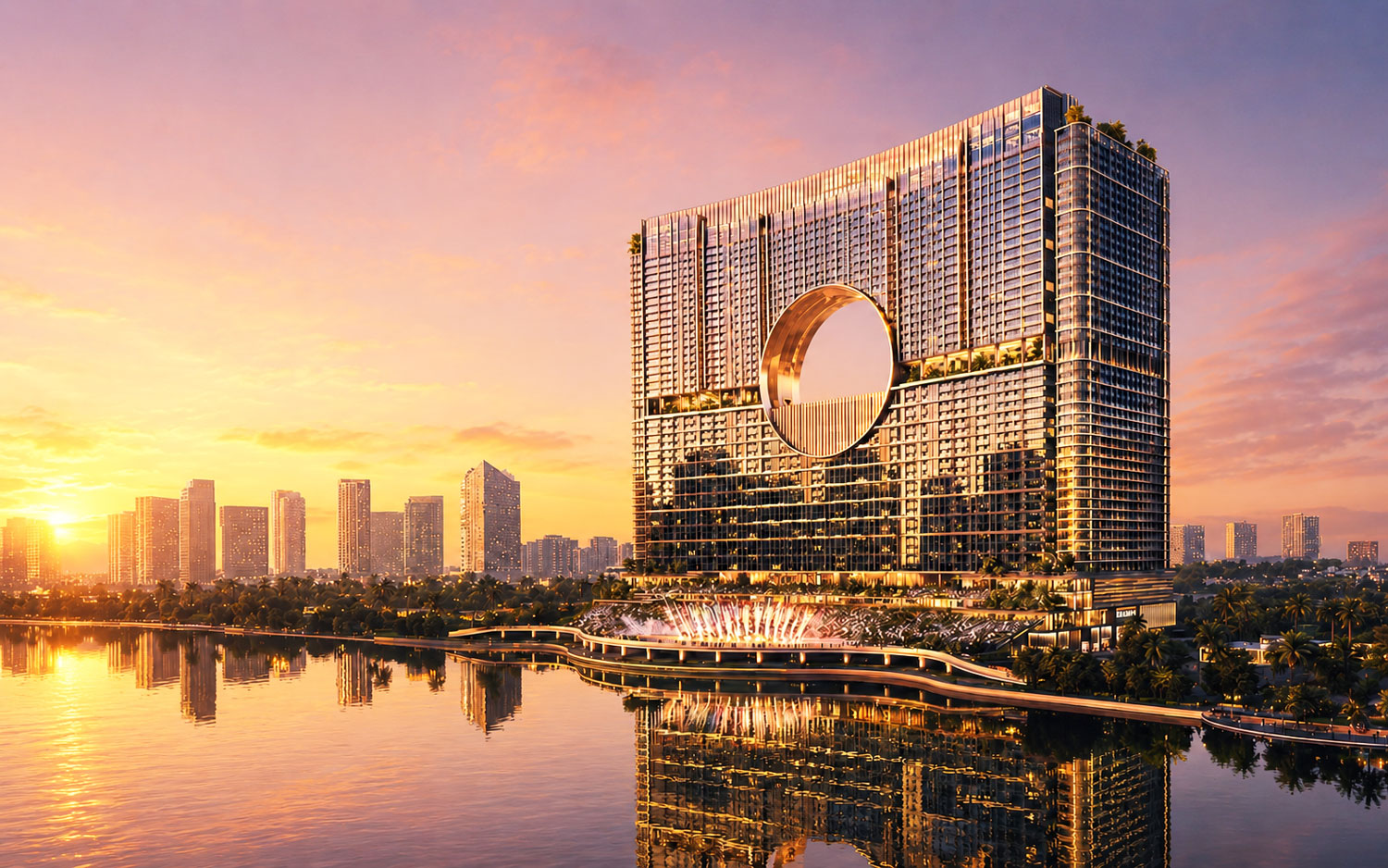 Phối cảnh Sun Galaxy Complex lúc hoàng hôn, mặt trời đổ ánh vàng lên thiết kế tòa nhà bên sông Hàn Đà Nẵng, hình ảnh minh họa