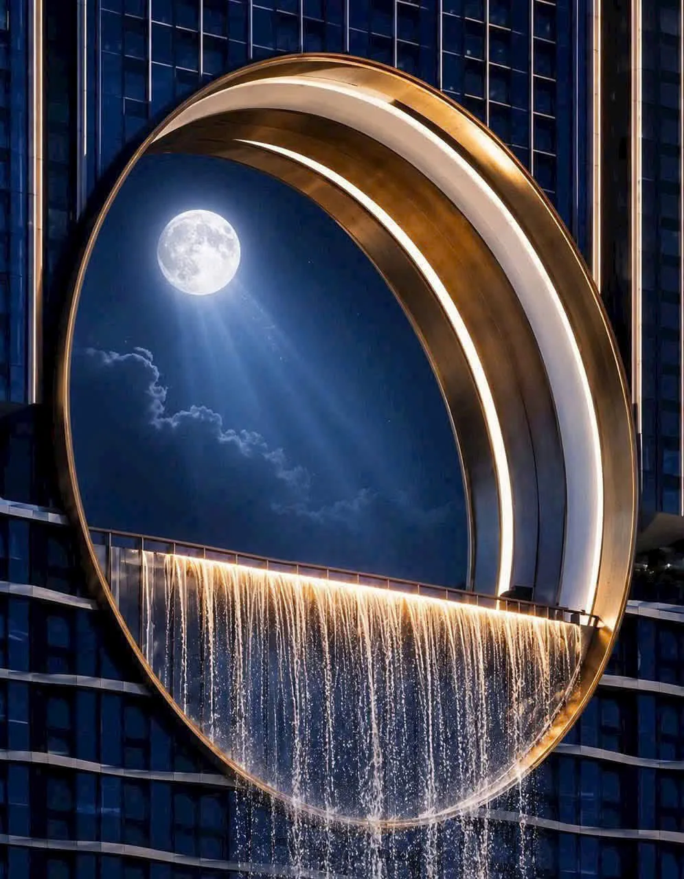 Phối cảnh cận cảnh Moon Gate Sun Galaxy Complex với thác nước và ánh trăng, hình ảnh minh họa