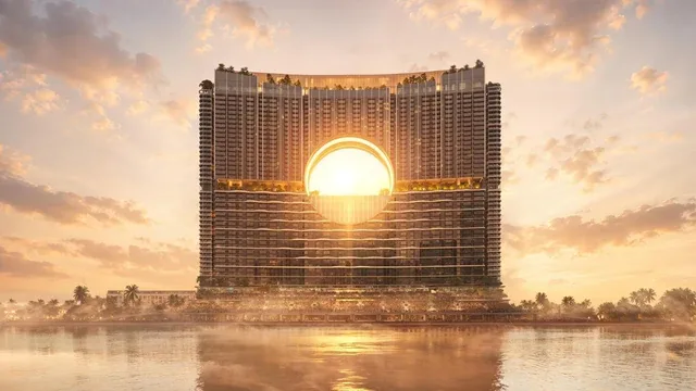 Phối cảnh chính diện Moon Gate Sun Galaxy Complex đón mặt trời lặn qua vòng tròn trung tâm, hình ảnh minh họa