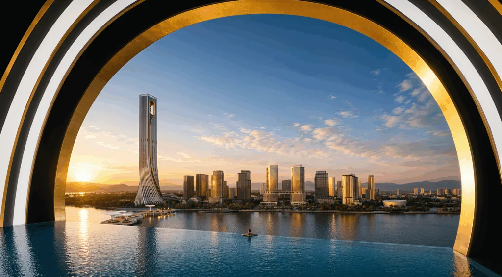 Phối cảnh khung nhìn qua Moon Gate ra tháp biểu tượng và sông Hàn từ bể bơi vô cực, hình ảnh minh họa