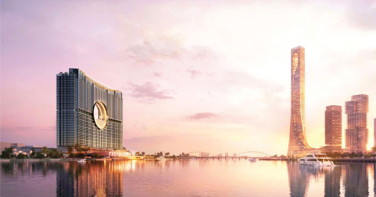 Phối cảnh Sun Galaxy Complex và tháp biểu tượng Da Nang Downtown bên sông Hàn lúc hoàng hôn, hình ảnh minh họa