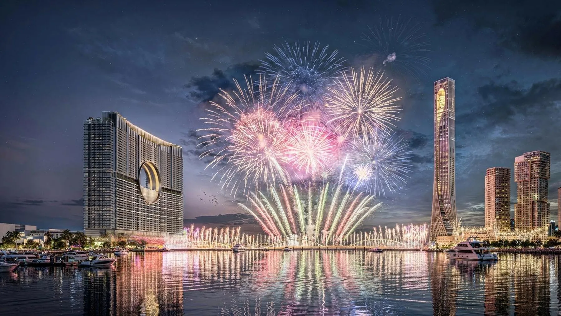 Phối cảnh toàn cảnh màn pháo hoa trên sông Hàn nhìn từ phía Sun Galaxy Complex, hình ảnh minh họa