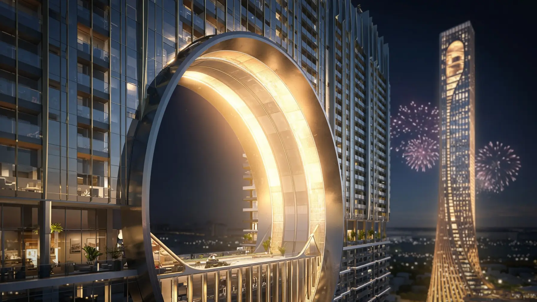 Phối cảnh tổng thể Sun Galaxy Complex và Da Nang Downtown lúc hoàng hôn, ánh vàng trải dài trên mặt sông Hàn, hình ảnh minh họa