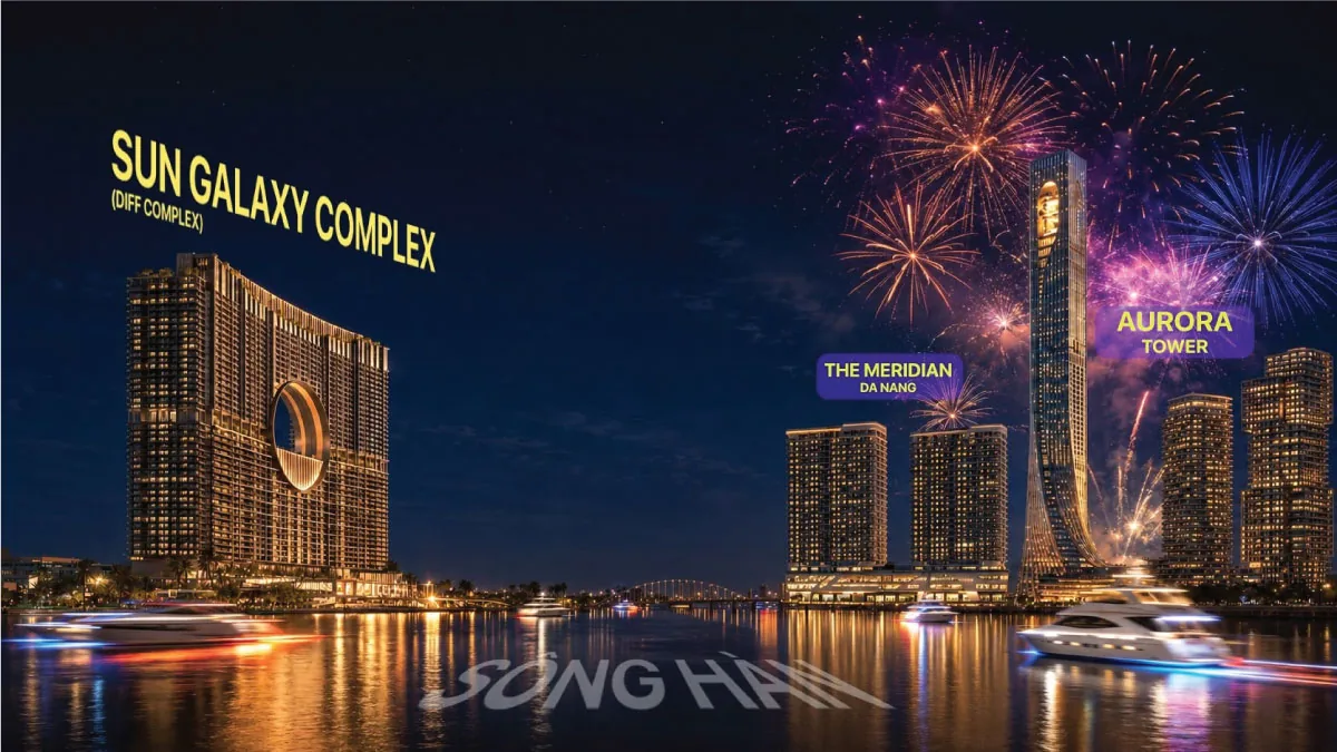 Phối cảnh đêm vị trí Sun Galaxy Complex trực diện sông Hàn với màn pháo hoa, hình ảnh minh họa