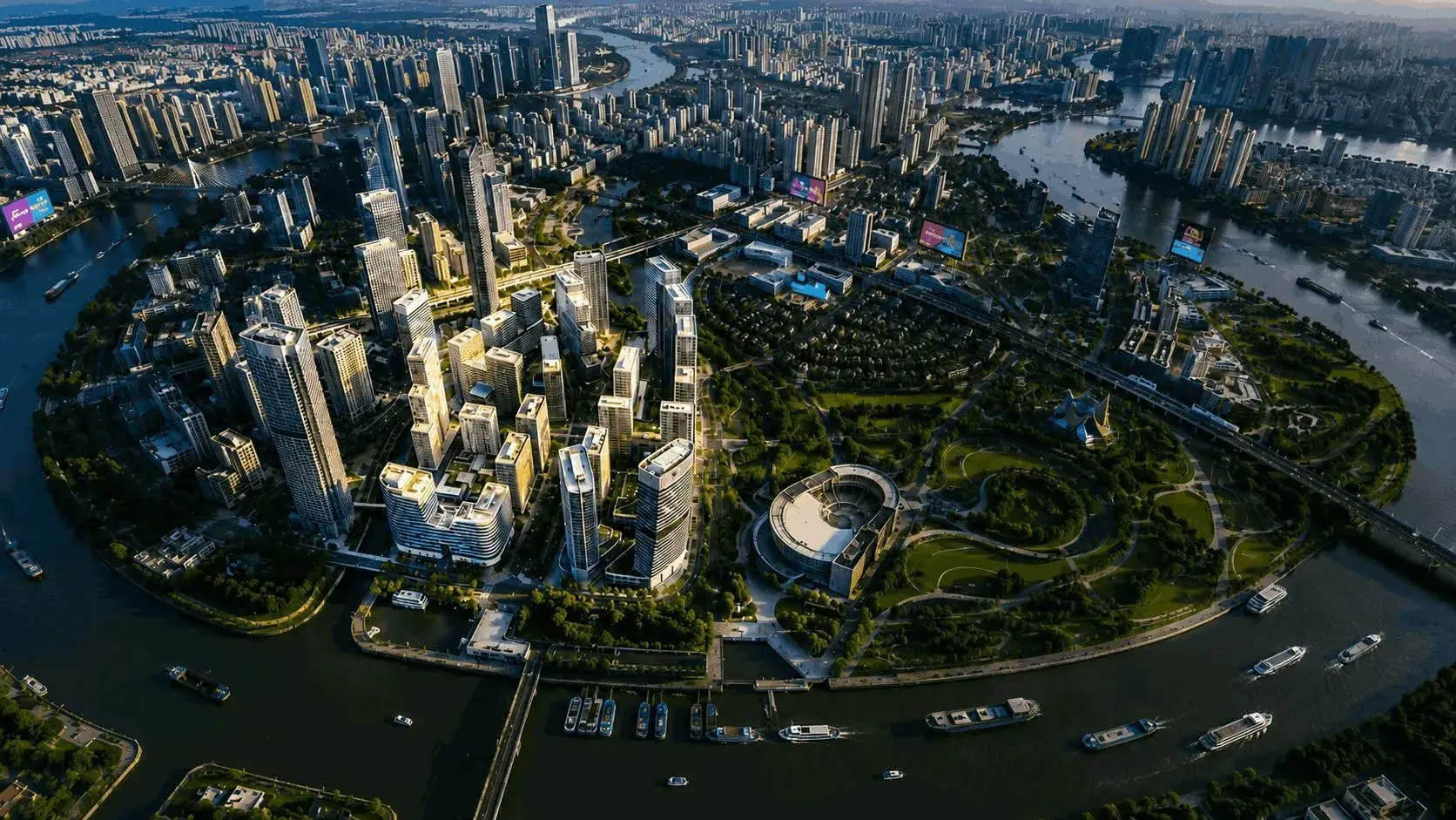 Ảnh minh hoạ bán đảo Thủ Thiêm nhìn từ trên cao, sông Sài Gòn bao quanh khu đô thị và công viên