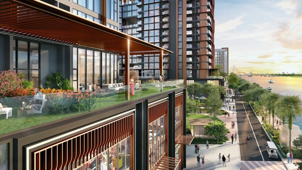 Phối cảnh tầng thương mại và lối đi ven sông tại Sun Symphony Residence, Đà Nẵng