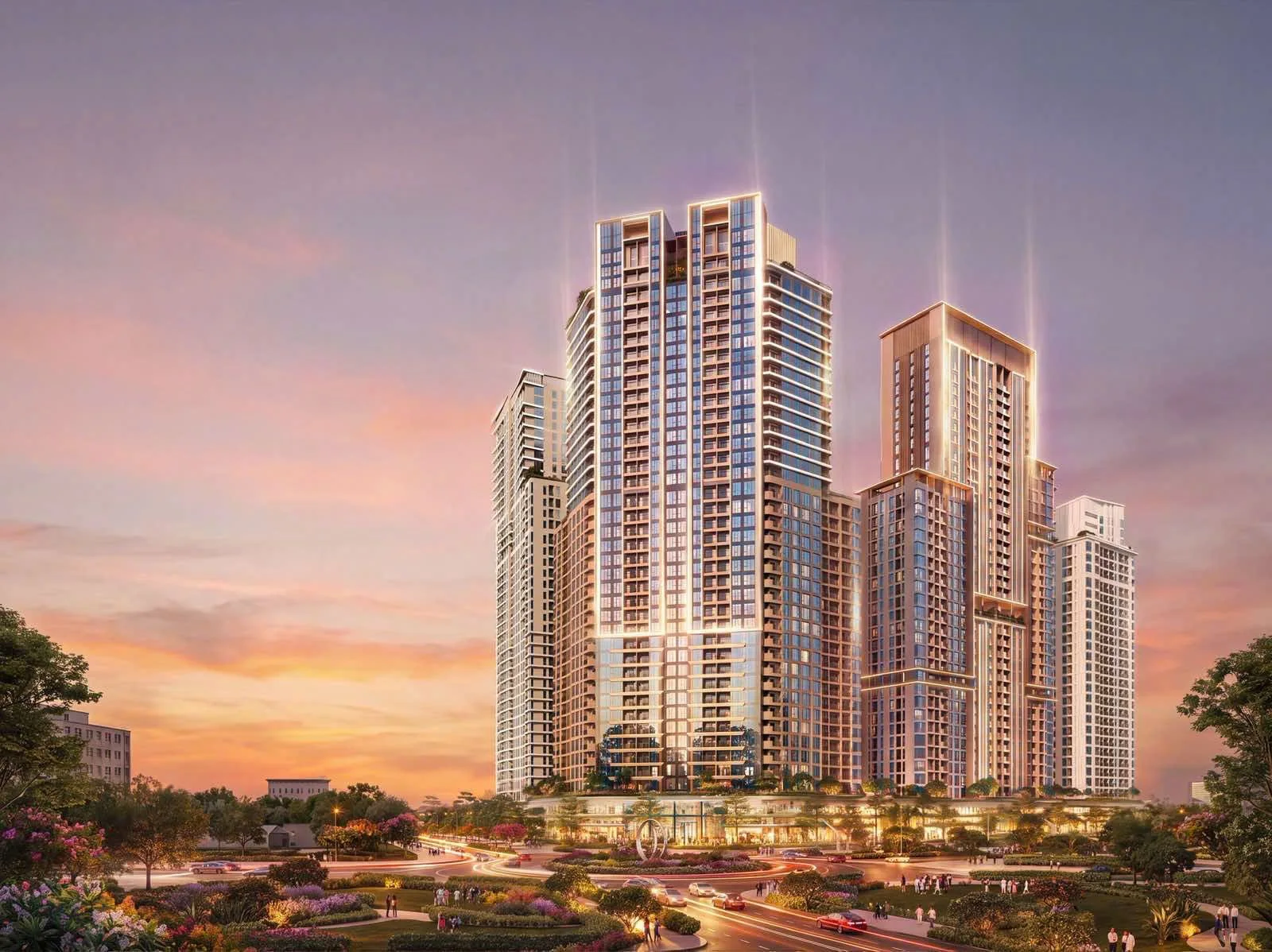 Phối cảnh khối tháp nhà ở Sun Trường Vinh lúc hoàng hôn, nhìn từ bùng binh Hải Quan