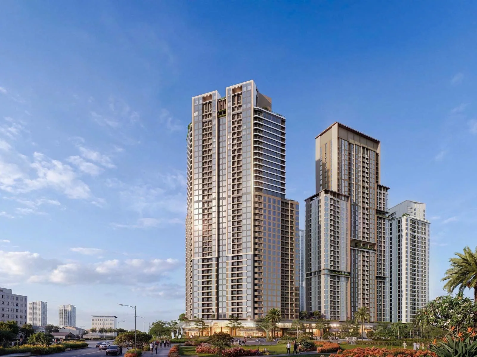 Phối cảnh cụm tháp Sun Trường Vinh ban ngày, khối đế thương mại dịch vụ chạy dọc chân tòa nhà