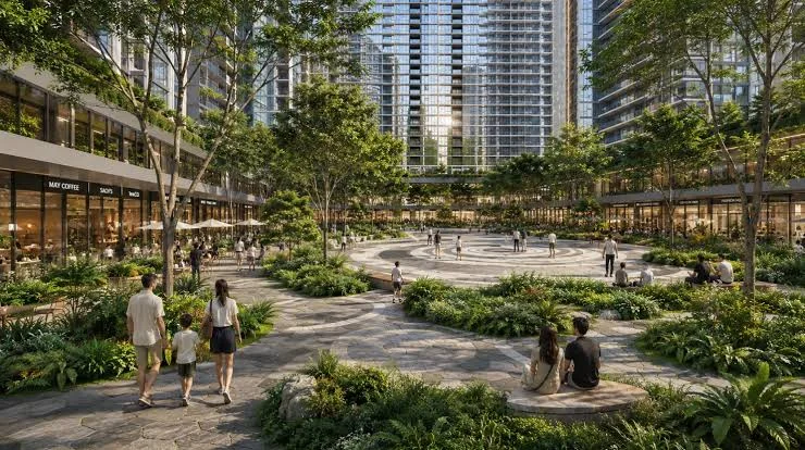 Cư dân đi bộ và nghỉ chân tại quảng trường trung tâm trong lòng tổ hợp Sun Trường Vinh