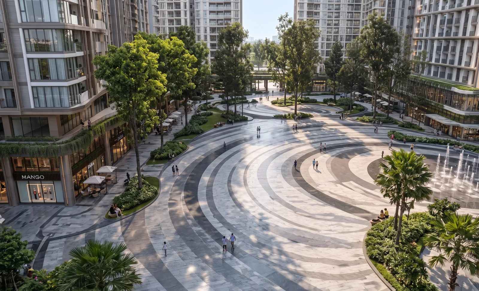 Phối cảnh quảng trường trung tâm và khối đế thương mại dịch vụ của tổ hợp Sun Trường Vinh