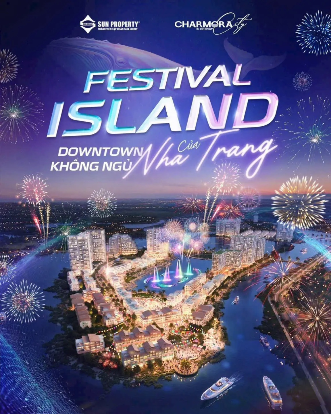 Key visual Festival Island – Downtown không ngủ của Nha Trang, phối cảnh đảo lễ hội rực sáng pháo hoa về đêm