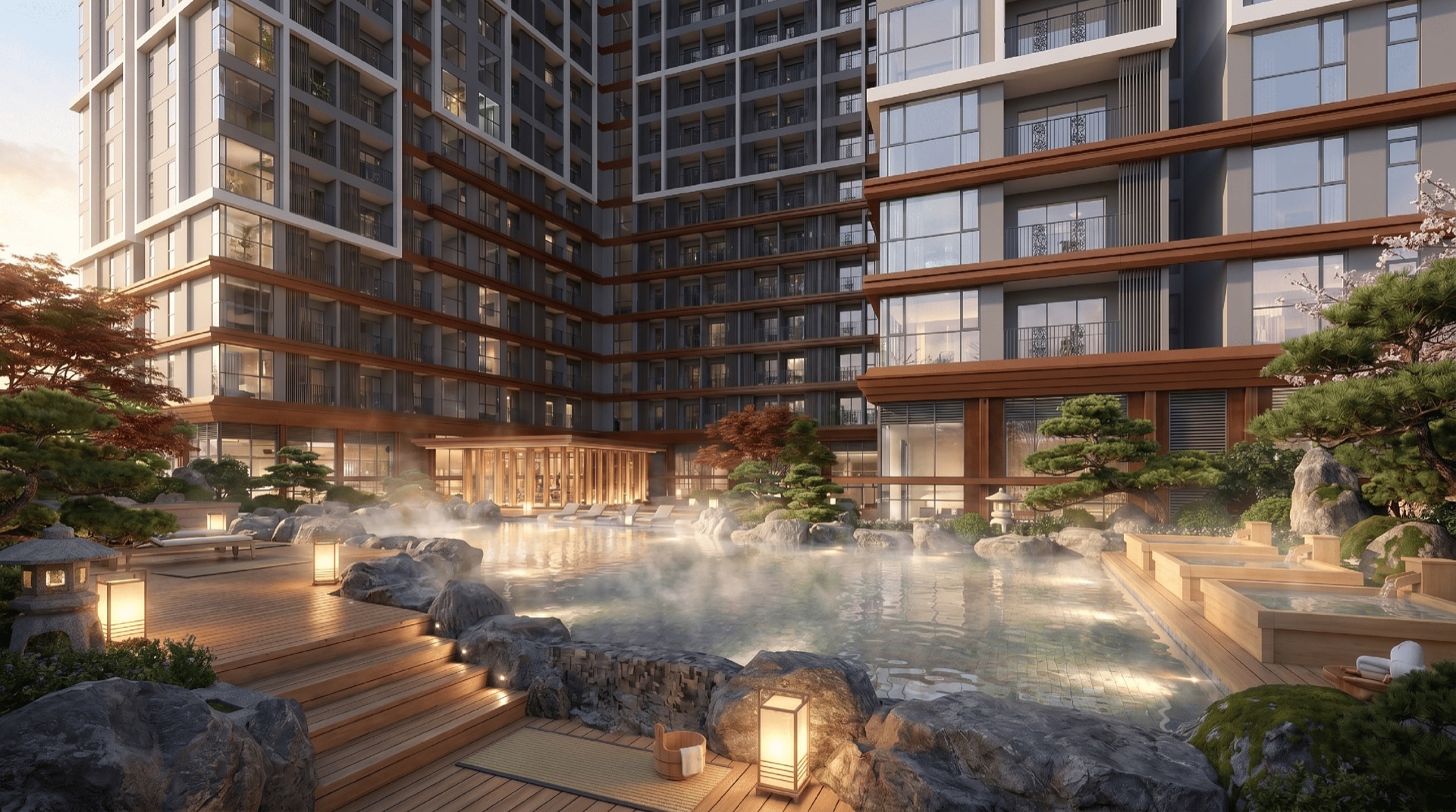 Khu khoáng nóng Onsen nội khu với bể tắm đá tự nhiên, sàn gỗ, đèn lồng và vườn Nhật