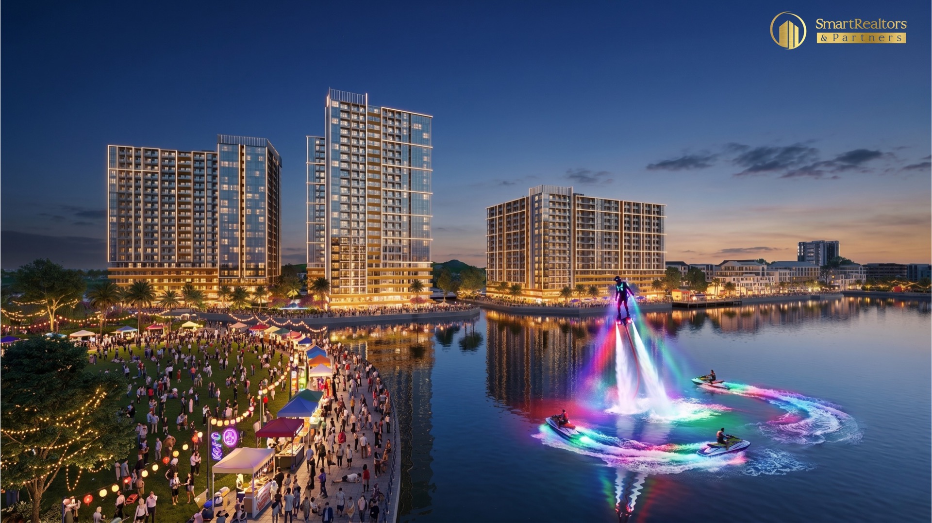 Phối cảnh Charmora City – Festival Island về đêm: chợ đêm VUIFest bên bờ hồ, flyboard và jetski trên mặt nước