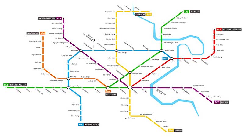 Sơ đồ các tuyến metro trong đó tuyến metro số 2 ký hiệu M2, đường màu tím