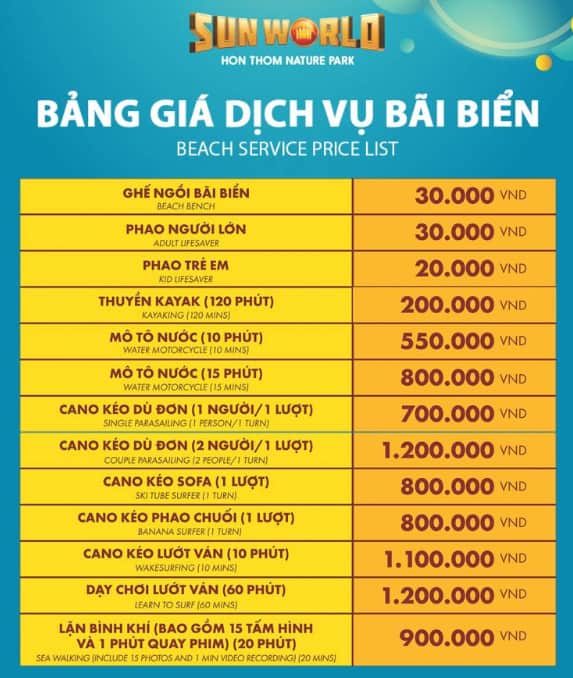 Mức giá các dịch vụ bãi biển trong khu giải trí Sun World Hon Thom Nature Park