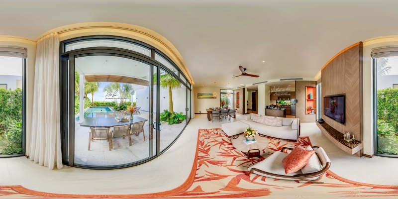 Hình ảnh thật của phòng khách villa mẫu Angsana Hồ Tràm với những thiết kế lấy cảm hứng từ cây tràm