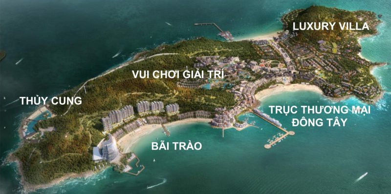 Vị trí quy hoạch trục thương mại Đông Tây và các khu vực chính trên đảo Thiên Đường của Sun Group