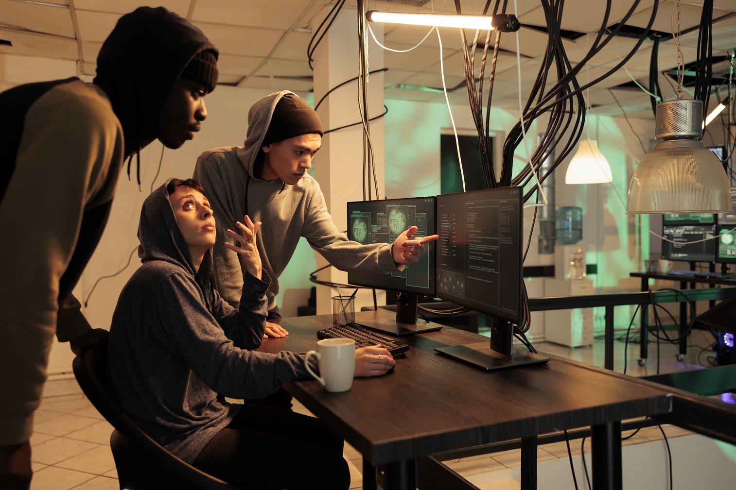 Practice Internet technology security specialists team fixing computer system cyberattack, developers coding antivirus program script. Diverse coders programming cybersecurity app at night time