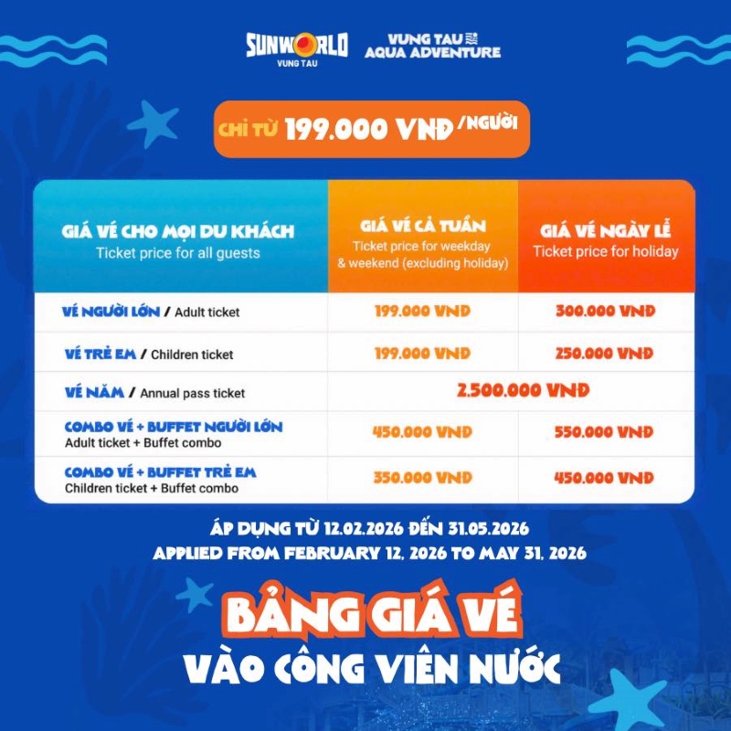SUN WORLD VŨNG TÀU CHÍNH THỨC KHAI TRƯƠNG - GIÁ VÉ CHÍNH THỨC Bảng giá vé Sun World Vũng Tàu áp dụng từ 12/02/2026
