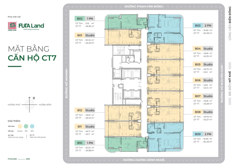 Mặt bằng tổng thể CT7 được bố trí khoa học, tối ưu tầm nhìn hướng biển và đón gió tự nhiên.