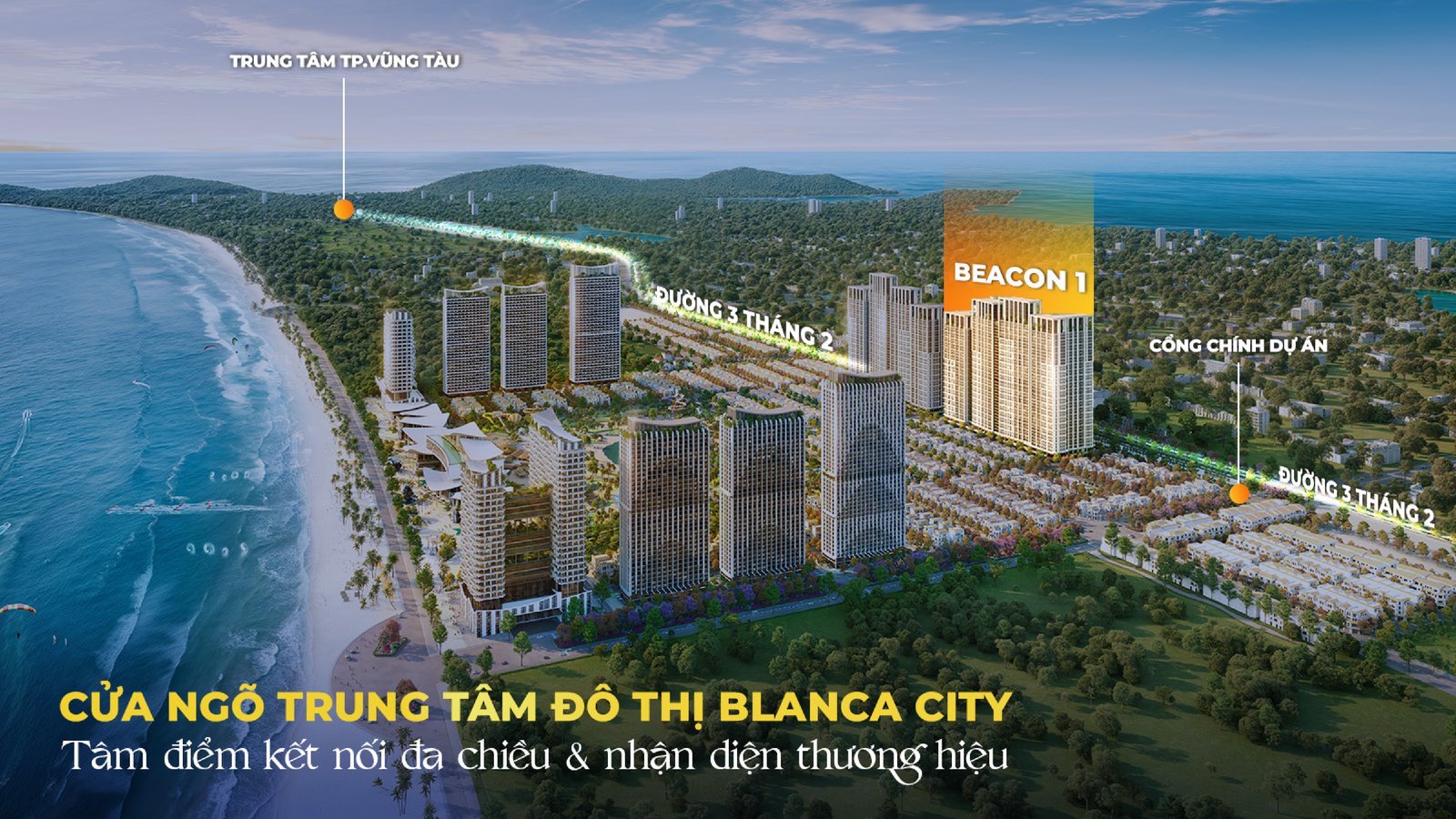 Căn hộ Blanca City: 1.199 căn Beacon E1–E2 đang mở bán — giá thật và bộ chính sách tháng 7/2026 Cụm tháp Beacon 1 tại cửa ngõ Blanca City, mặt đường 3 Tháng 2