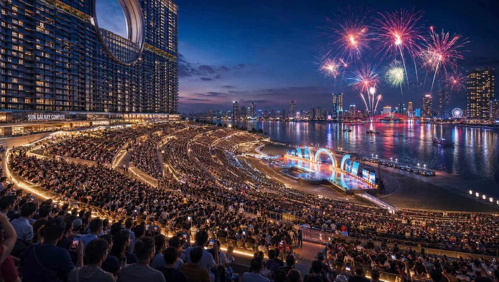 Sun Galaxy Complex là dự án nào trong Da Nang Downtown? Phối cảnh khán đài gần 20.000 chỗ của Sun Galaxy Complex hướng ra sông Hàn và khu bắn pháo hoa