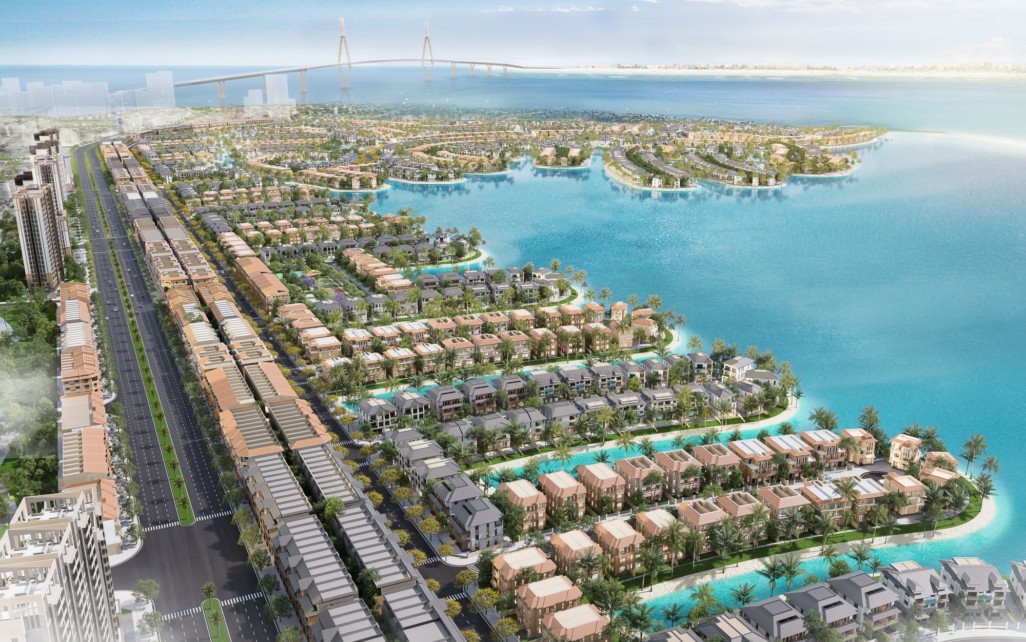 Phân khu Vịnh Ngọc (The Green Bay) Vinhomes Green Paradise: ở đâu, có gì, tiến độ đến 09/2026 phối cảnh góc cao Vịnh Ngọc, liền kề dọc trục lớn và biệt thự song lập, đơn lập ven nước