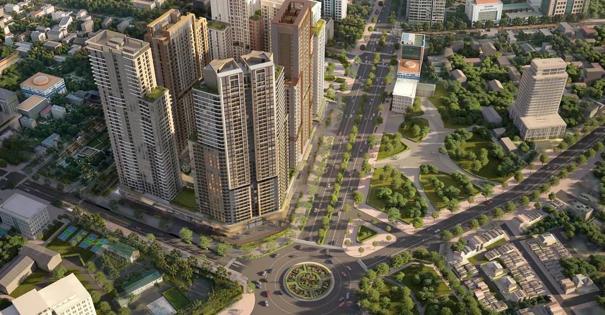Sun Group tại Nghệ An 2026: Trường Vinh đã khởi công, Cửa Lò mới rà quy hoạch Phối cảnh tổng thể tổ hợp Sun Trường Vinh nhìn từ Đại lộ V.I. Lê Nin, năm tòa tháp quây quanh quảng trường trung tâm